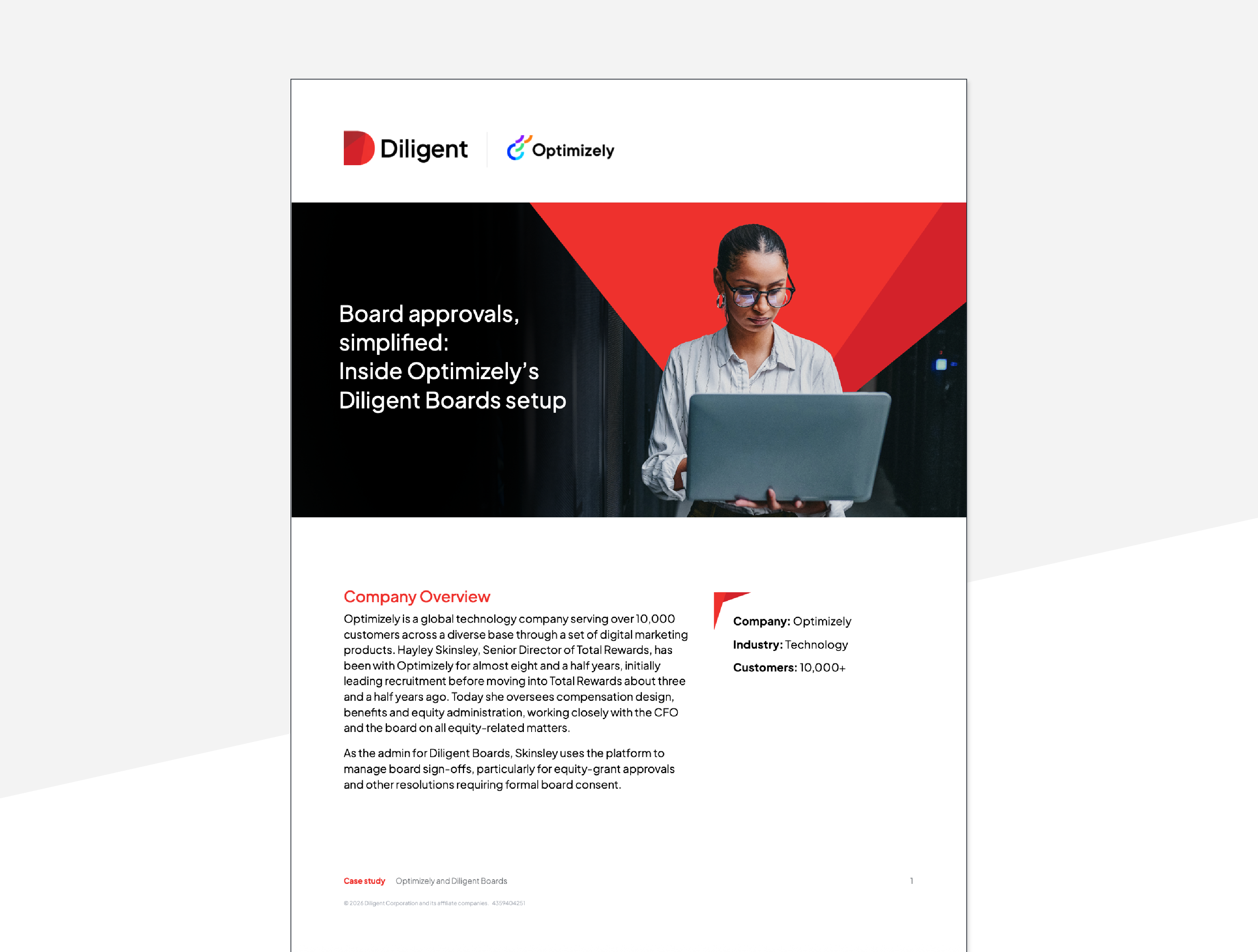 A look at the front cover of a case study focusing on Optimizely's usage of Diligent Boards
